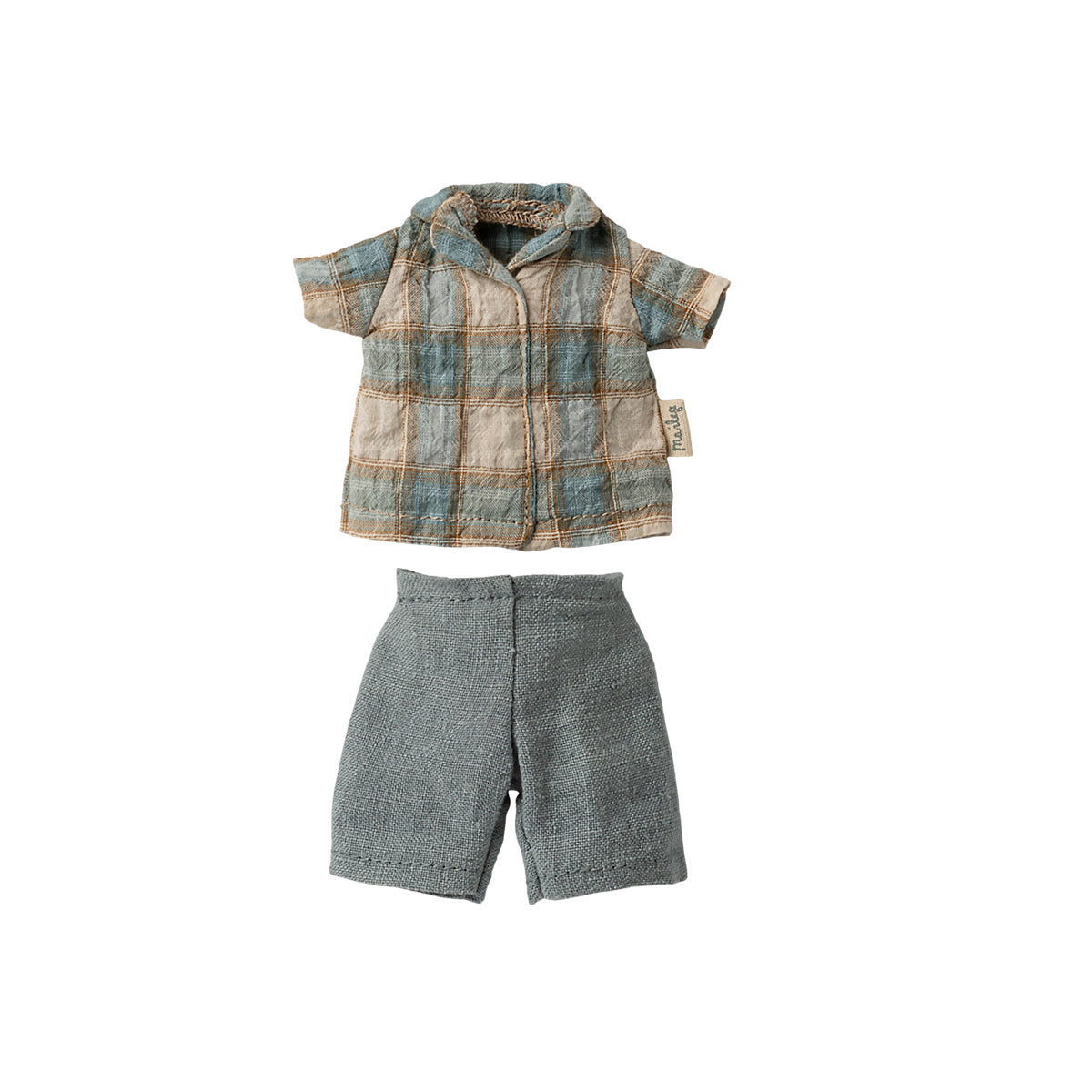 A neatly displayed Maileg outfit set, featuring a plaid shirt and matching blue trousers.