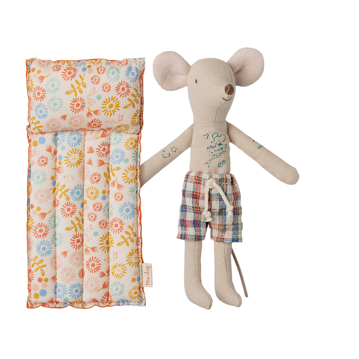Maileg dad beach mouse in checkered shorts and tattoos, standing beside a floral air mattress