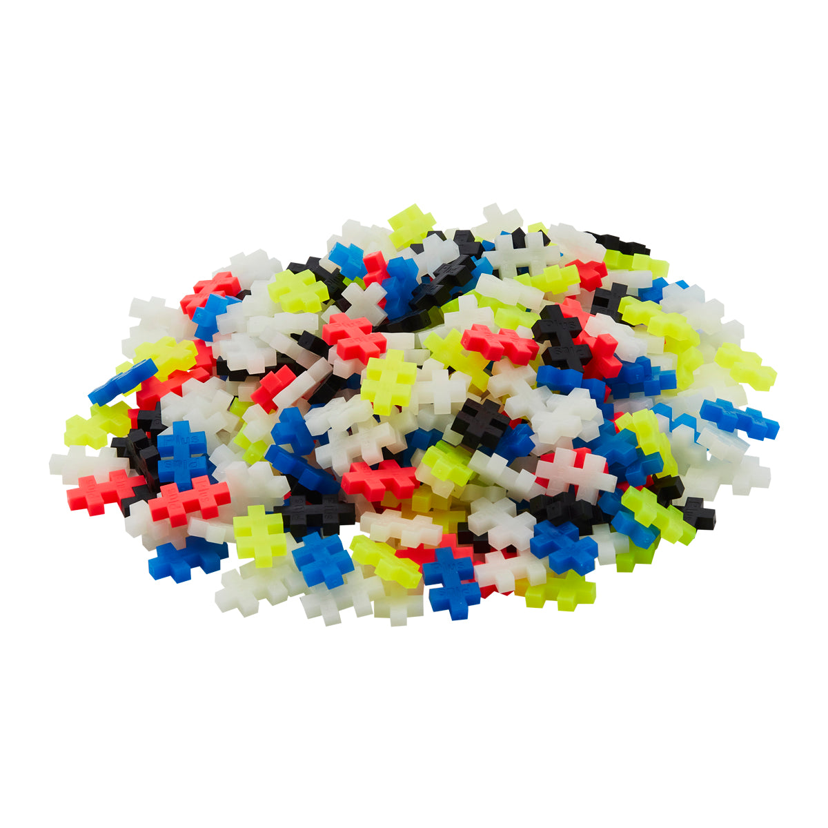 A pile of Plus-Plus building pieces in glow-in-the-dark, neon, and classic colours.