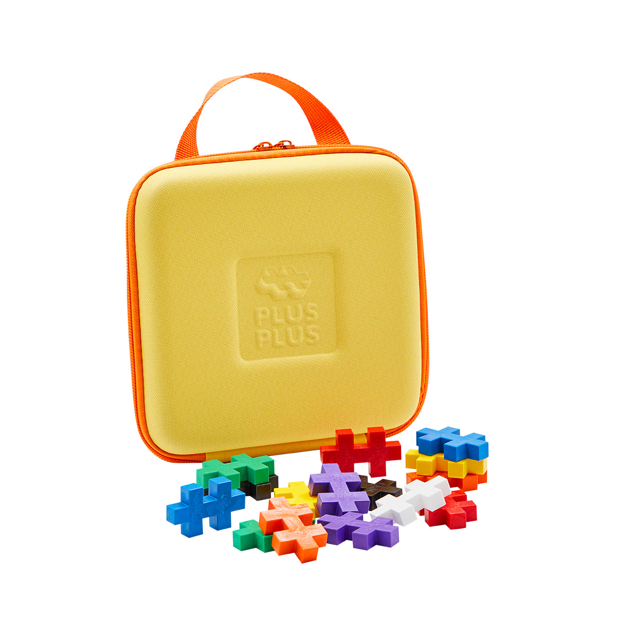A durable yellow storage case with the embossed Plus-Plus logo and an orange zipper.
