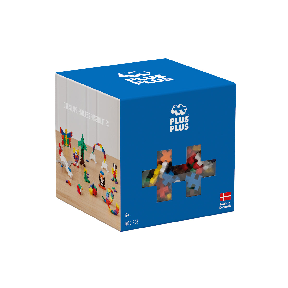 A close-up of the Plus-Plus Basic 600-piece cube packaging with a peek at the contents.