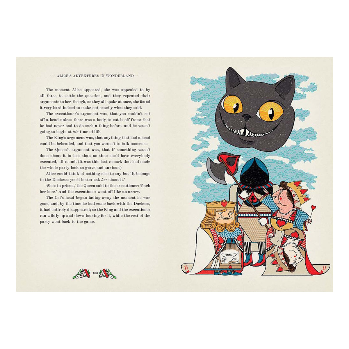 Cheshire Cat's floating head grins over the King and Queen of Hearts in a stylized Alice in Wonderland illustration.