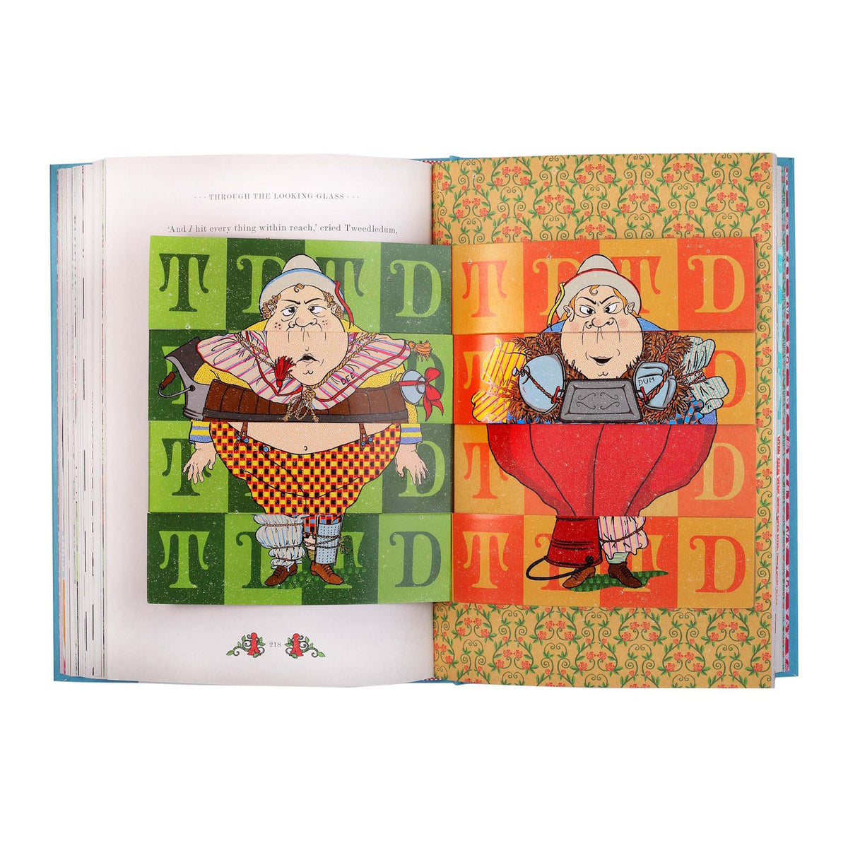Interactive MinaLima book illustration of Tweedledum and Tweedledee with colorful patterned flaps and gold accents.
