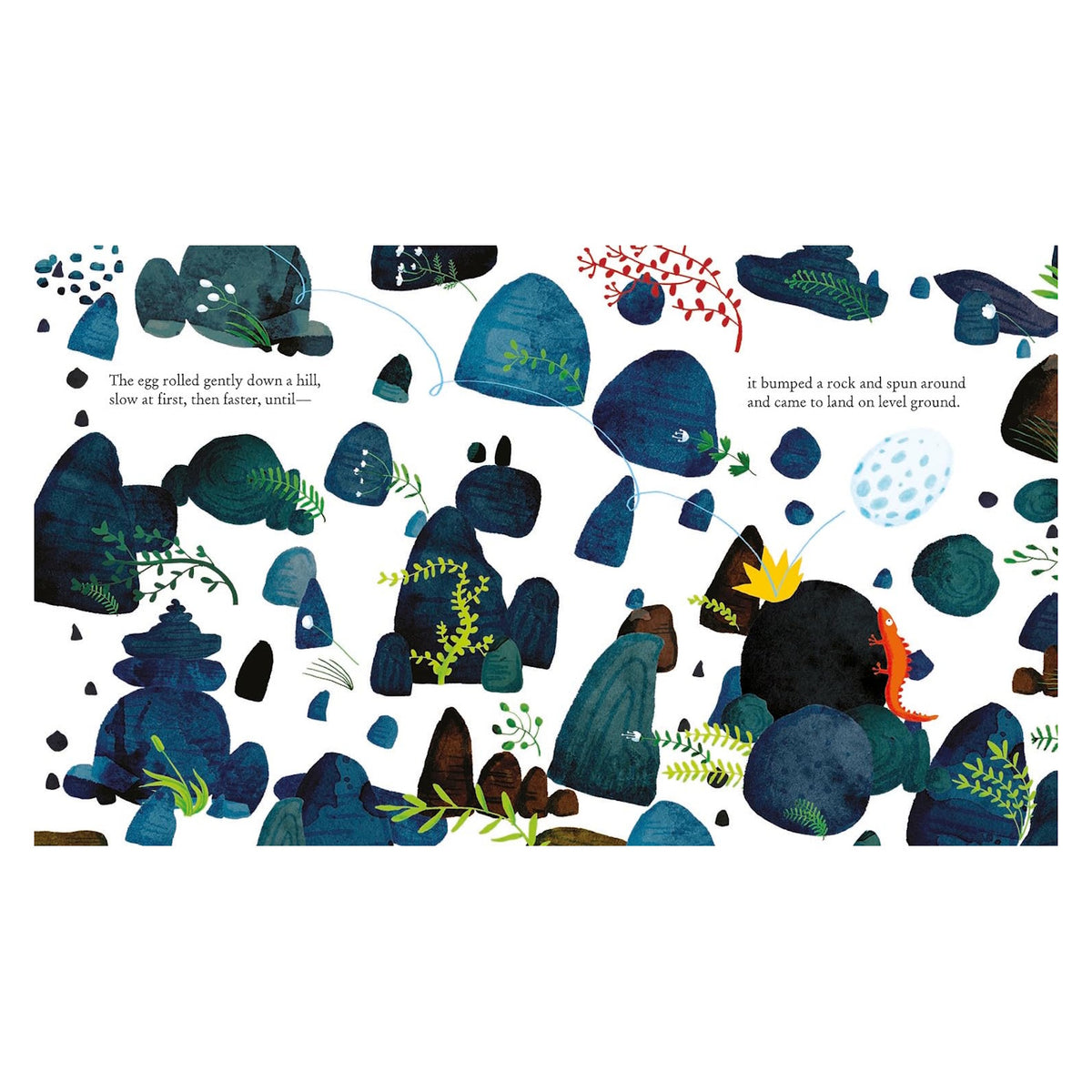 Illustration of an egg rolling through a colorful rocky landscape with varied deep blue and teal rocks, green foliage, and a small red creature peeking out.