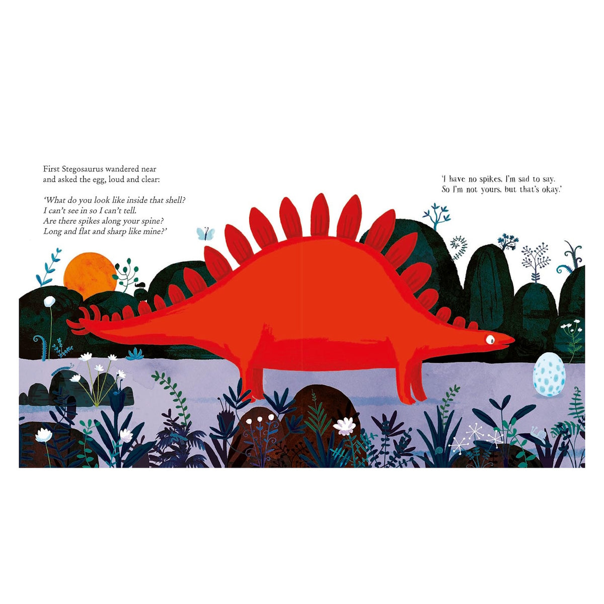 A vibrant red stegosaurus stands on a colorful prehistoric landscape with plants and hills. It faces a speckled blue egg, looking curious and friendly.