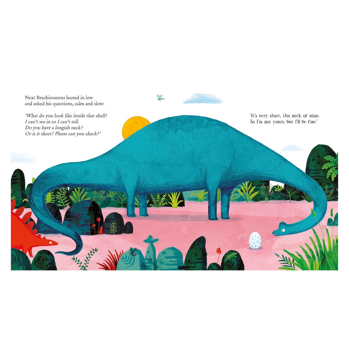 A blue Brachiosaurus stands on pink ground, surrounded by green plants. A yellow sun is in the sky. Text portrays a calm, questioning tone.