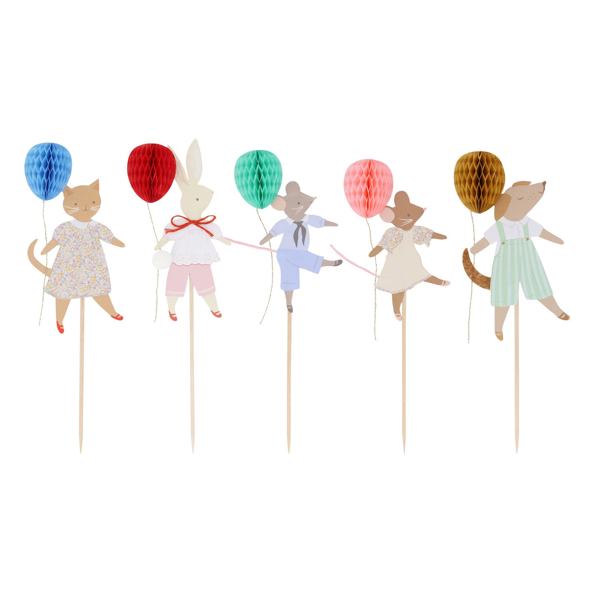 Five wooden cake toppers of dressed animal figures, each holding a colorful honeycomb balloon.