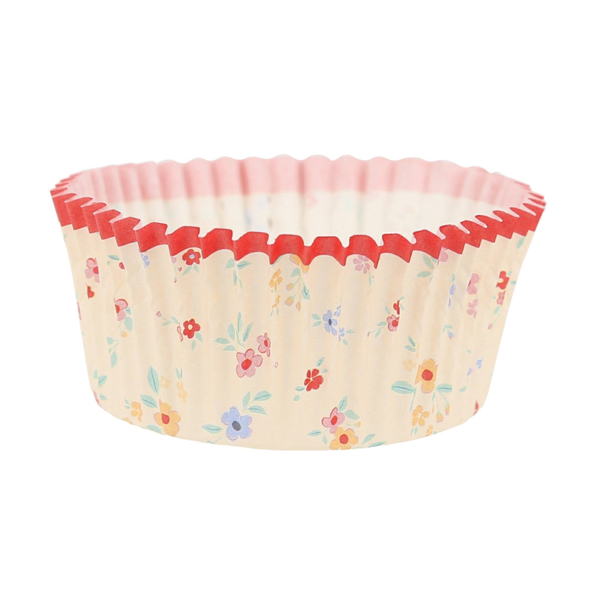 Paper cupcake liner featuring a delicate floral pattern and a scalloped red rim.
