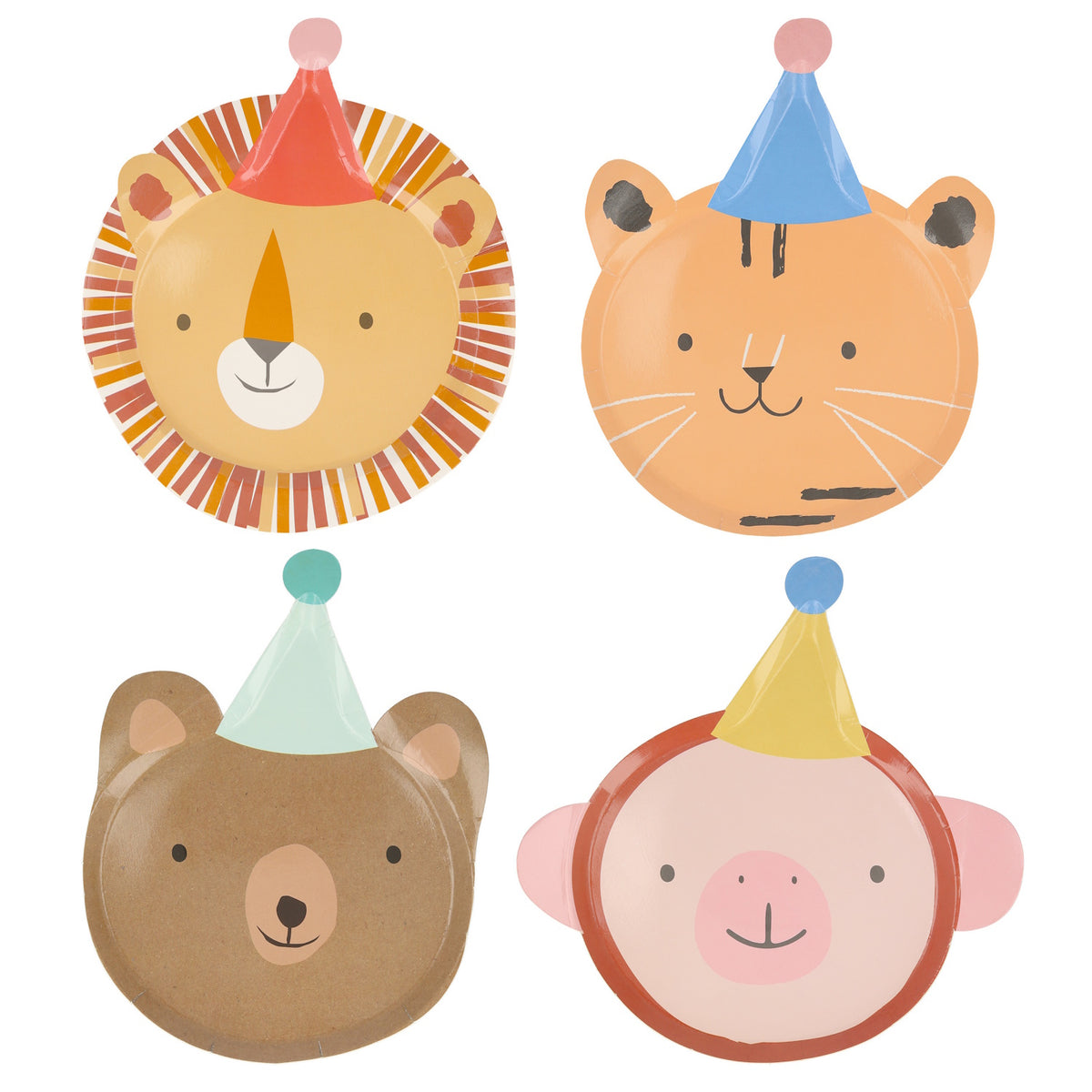 Set of four die-cut paper plates featuring animal faces wearing party hats, including a lion and bear.