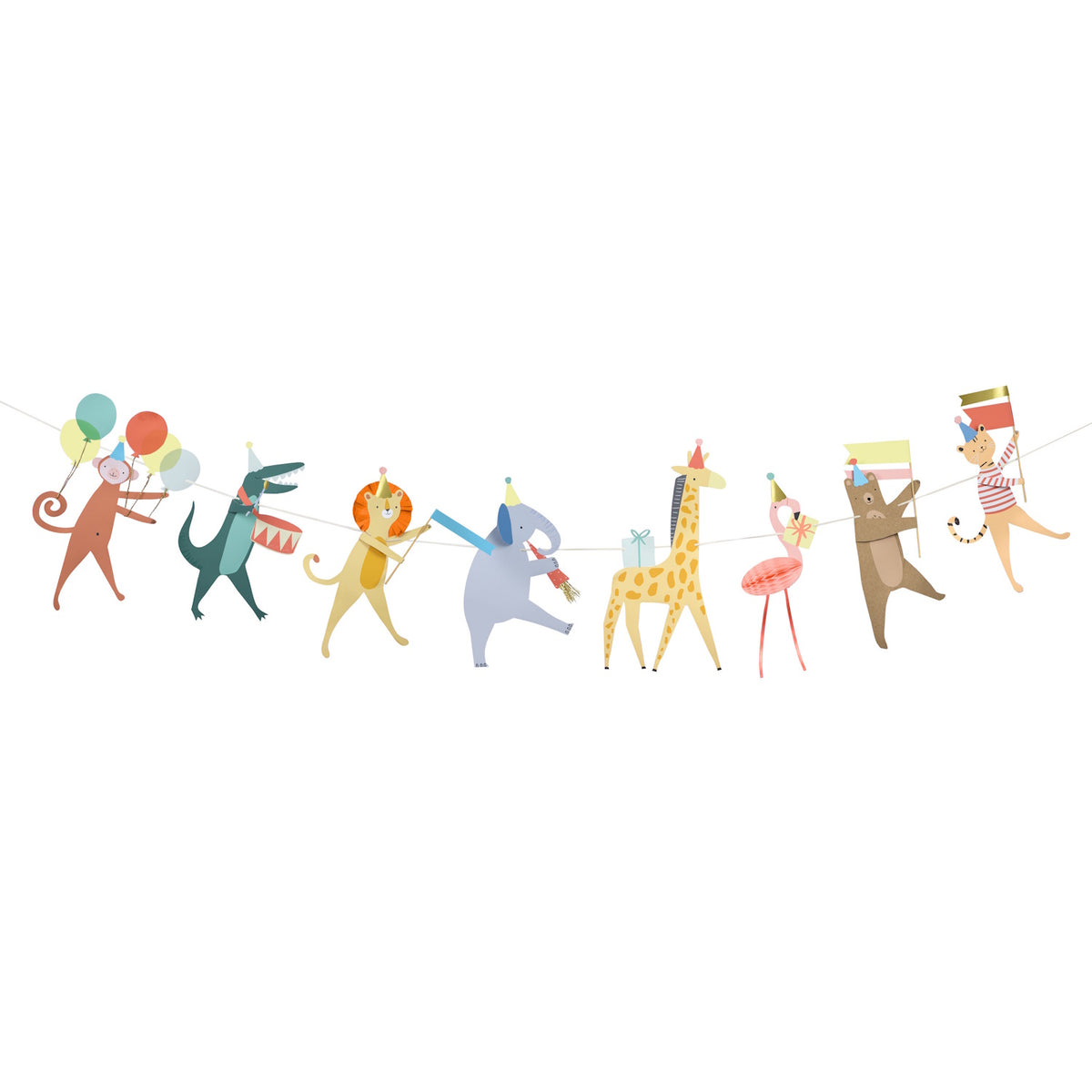 A decorative party garland featuring illustrated animals in party hats carrying balloons and gifts.