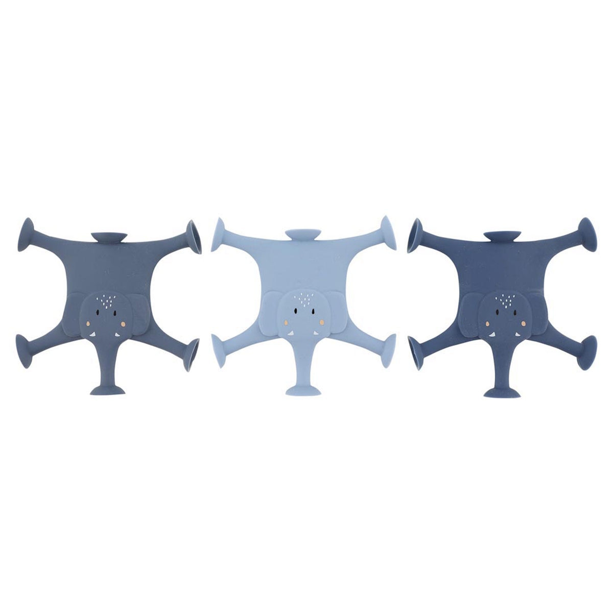 Three silicone elephant-shaped bottle holders are laid flat. They are in dark blue, light blue, and dark gray, each with cute face details.