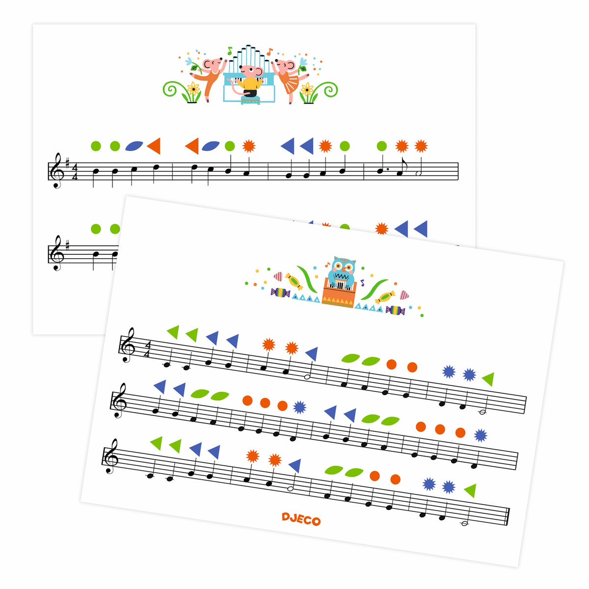 Djeco color-coded sheet music for children with illustrated mice and owl characters.