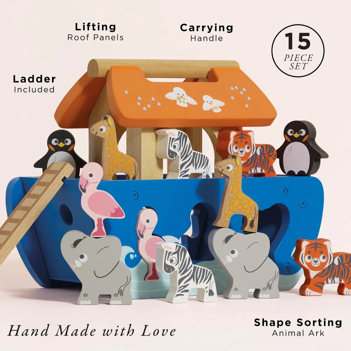 Wooden Noah's Ark shape sorting toy featuring 15 pieces, lifting roof panels, and animal blocks.