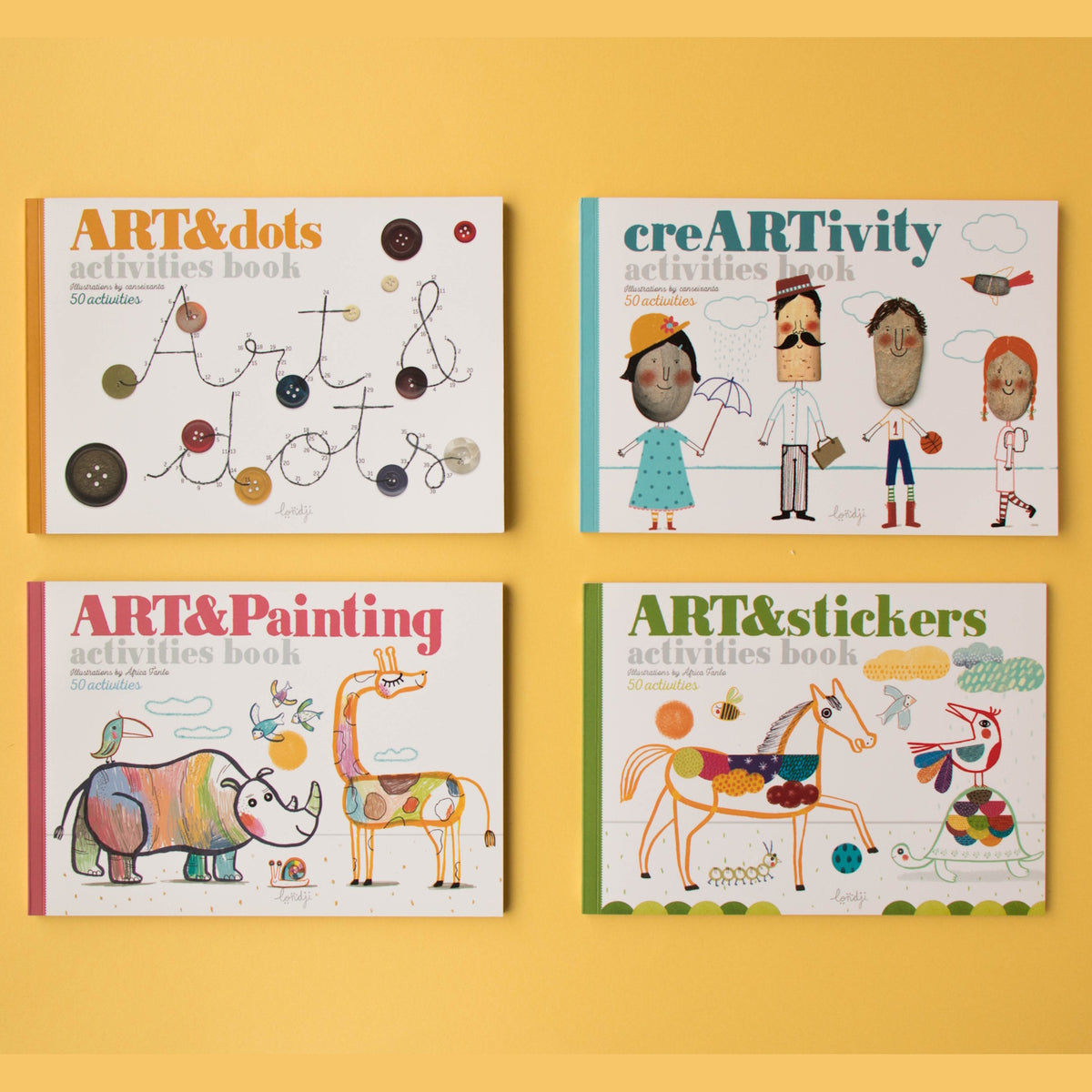 Four Londji activity books, Art & dots, creARTivity, Art & Painting, and Art & stickers, arranged on a yellow background.