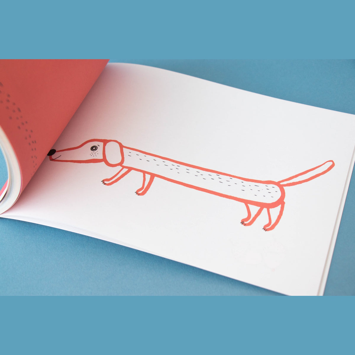 An illustration of a long, orange dachshund dog in a Londji art activity book on a blue background.