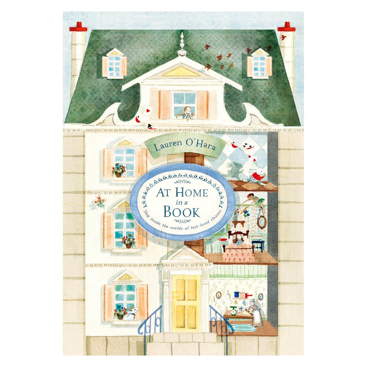 Book cover for "At Home in a Book" by Lauren O'Hara, featuring a dollhouse-style illustration of classic story characters.