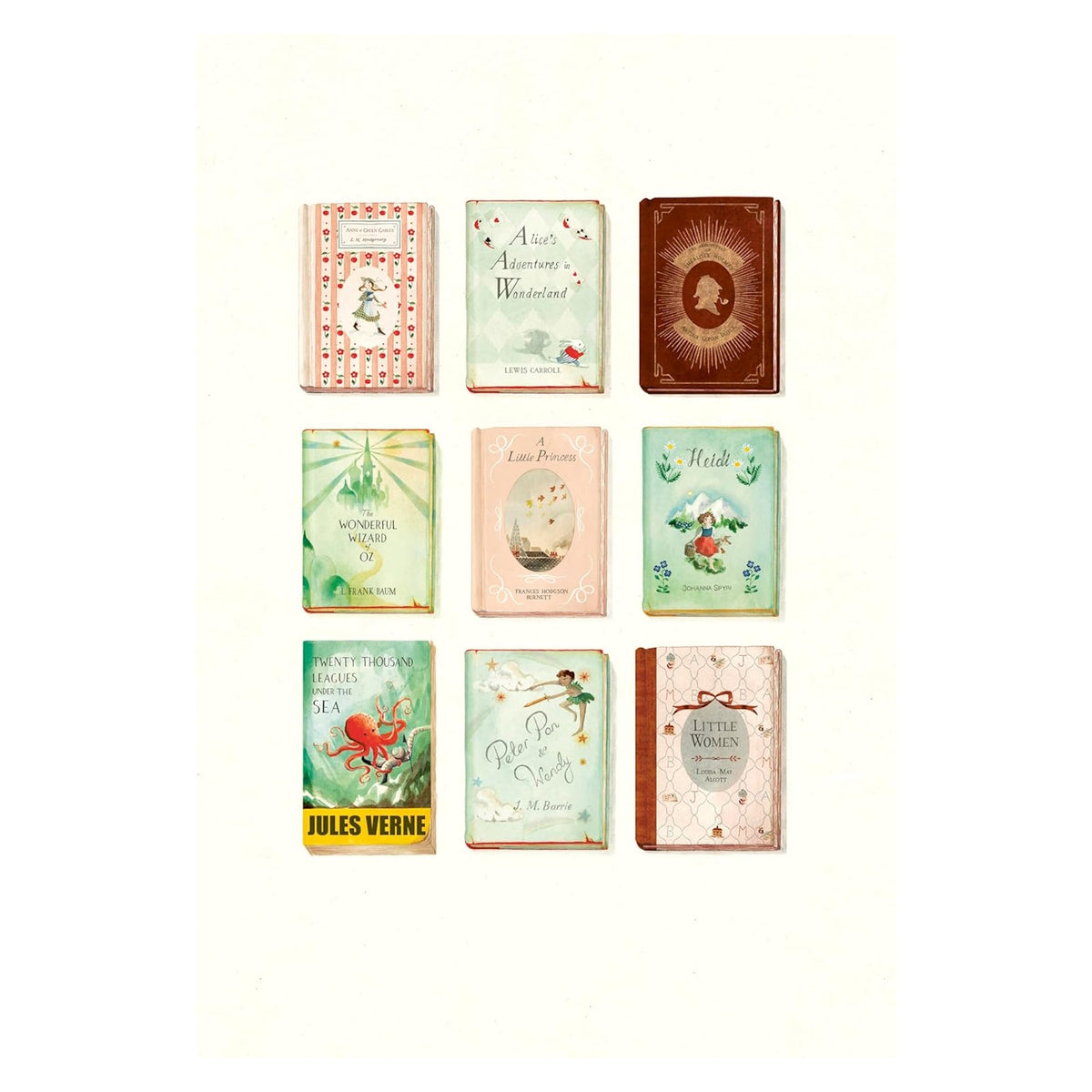 A grid of nine illustrated classic book covers including Alice in Wonderland, Peter Pan, and The Wizard of Oz.