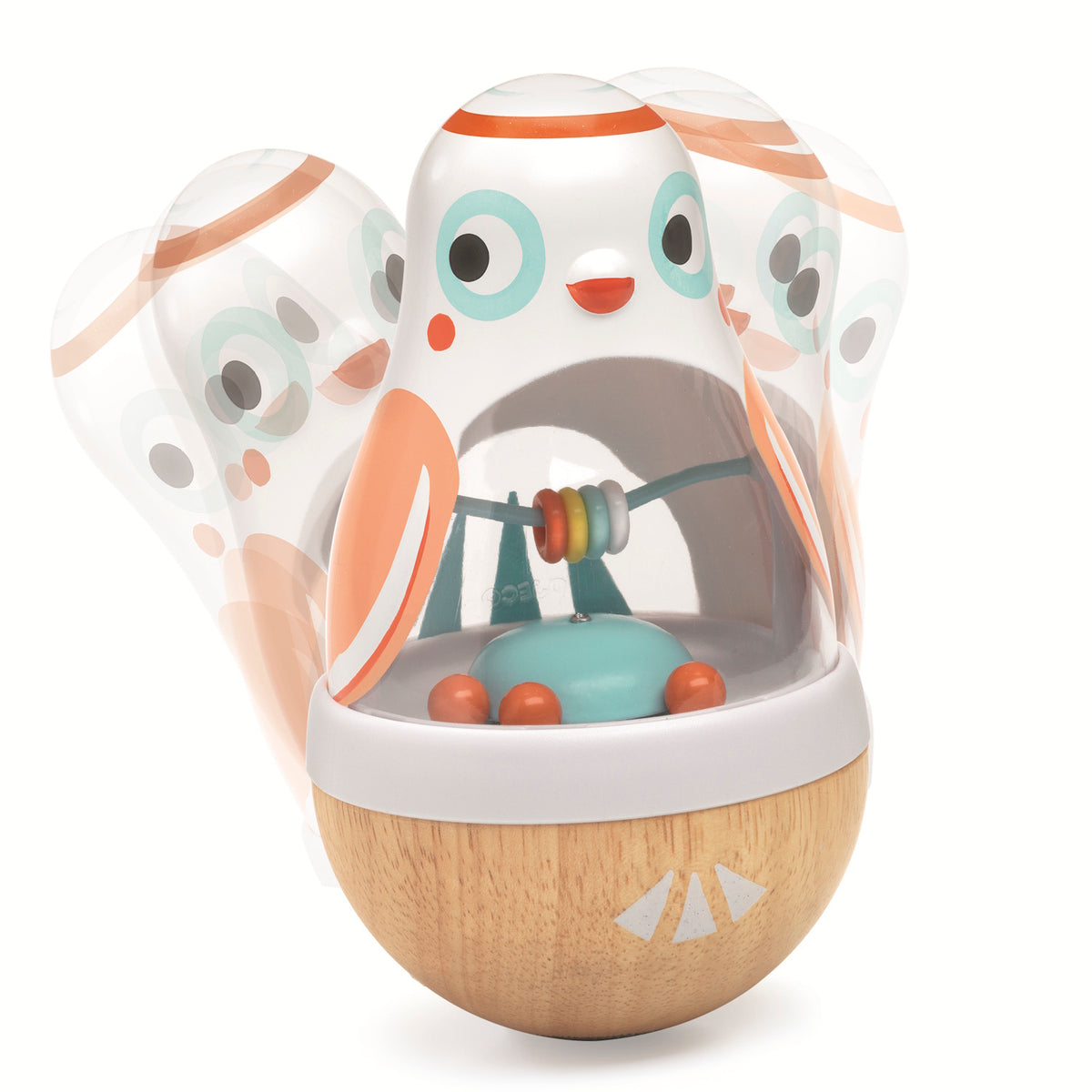 Wobbling wooden bird toy with a rattle for infant sensory play and fine motor skill development.