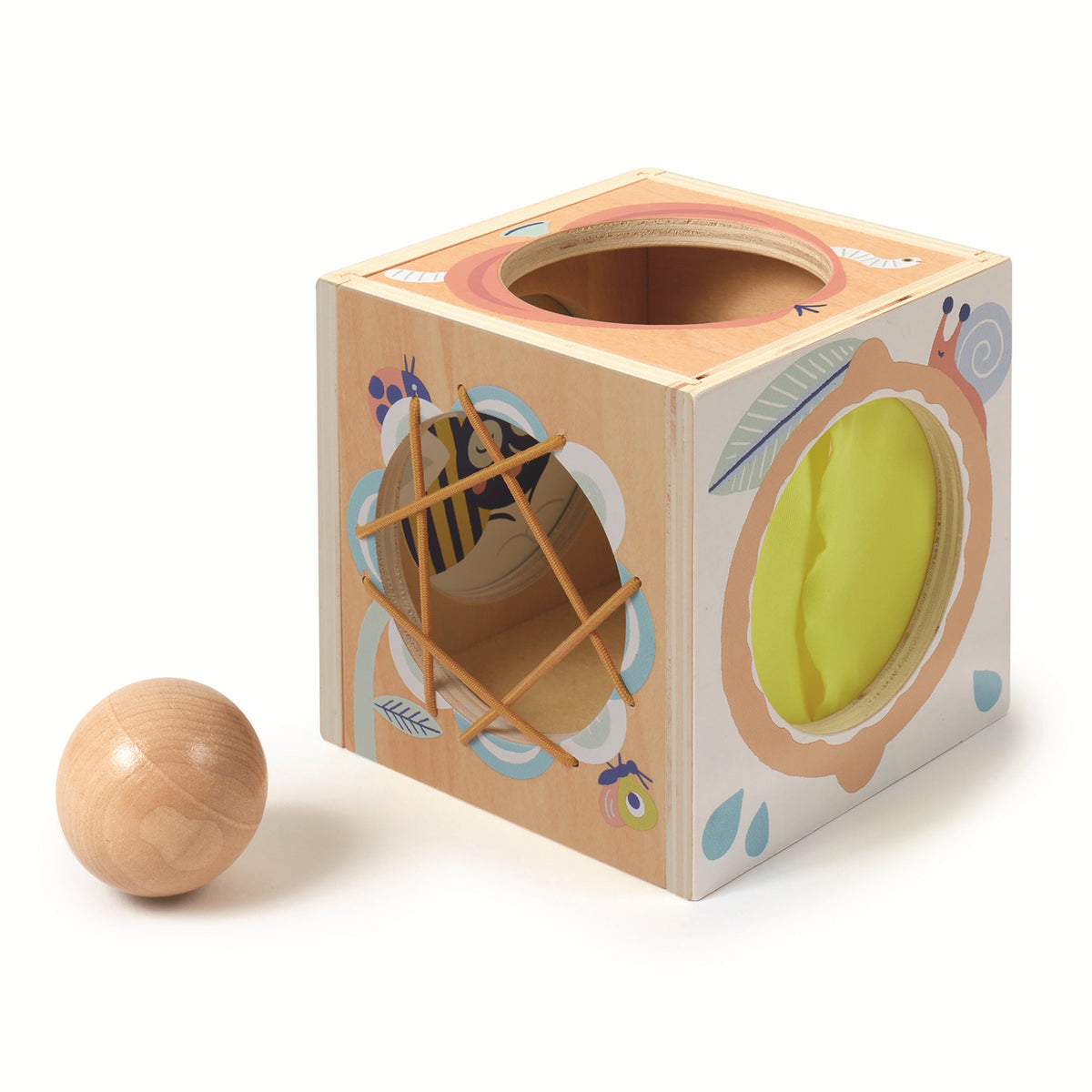 Wooden sensory activity cube toy for toddlers with elastic bands, fabric opening, and a matching wood ball.