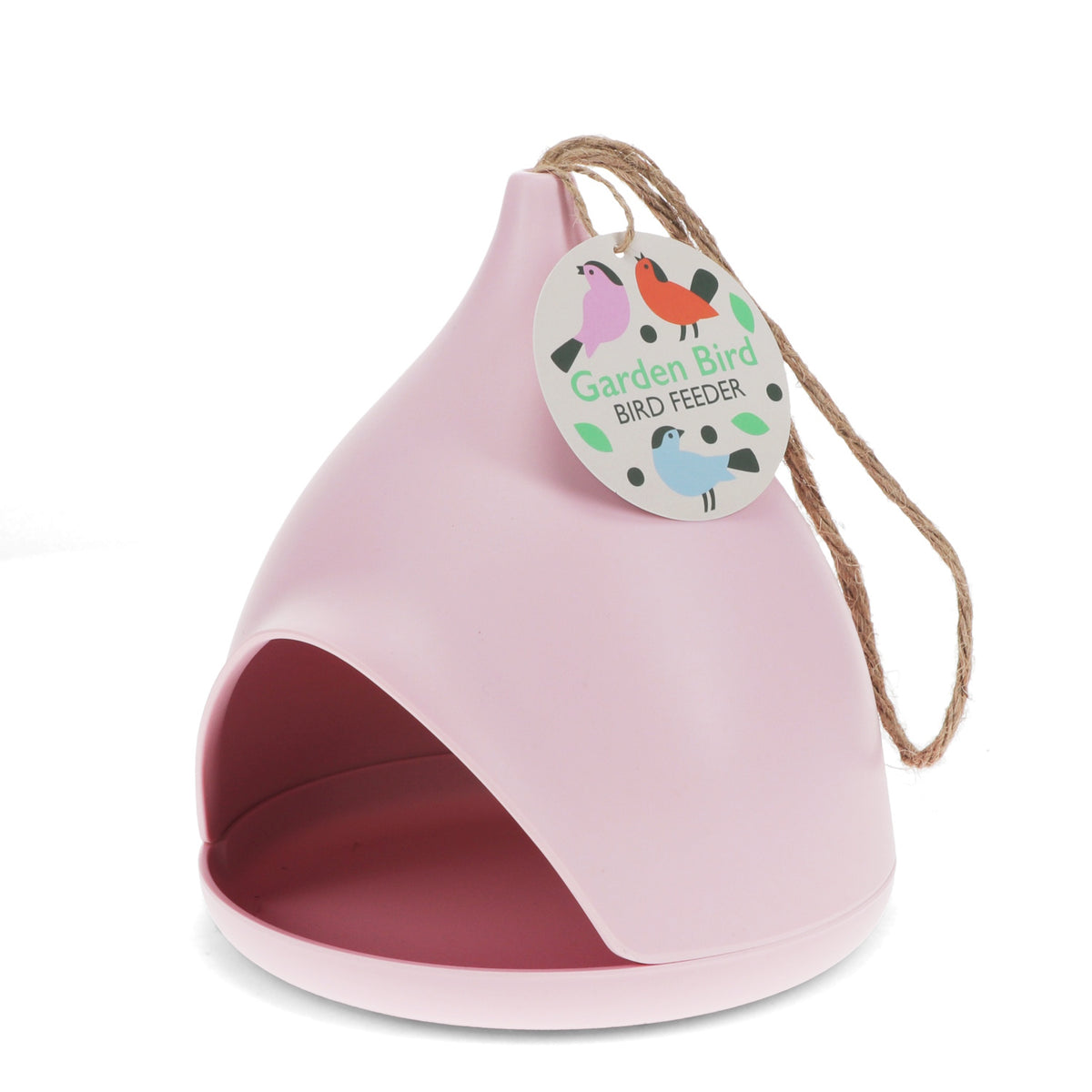 Pink bamboo fibre garden bird feeder with teardrop shape, hanging rope, and open front for easy bird access.