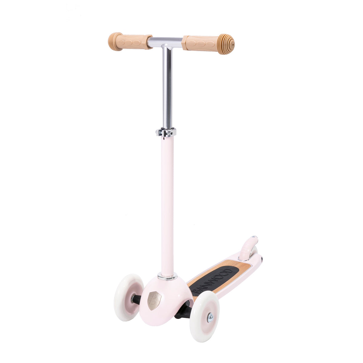 A charming retro-style kids' scooter in pastel pink, featuring three wheels for balance and adjustable handlebar.