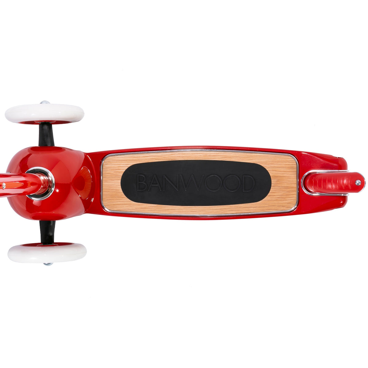 Top-down view of the base, wheels, deck, and fender brake of a red Banwood kick scooter.