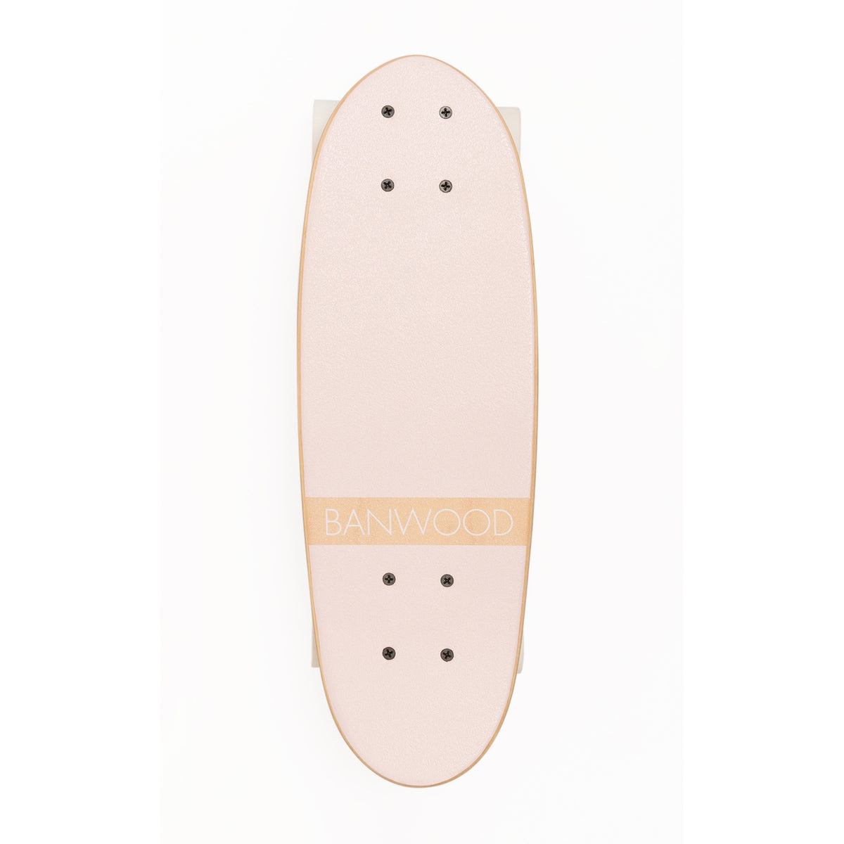 A vintage-inspired cruiser skateboard featuring a pastel pink deck, soft wheels, and a durable maple wood finish, perfect for young beginners.