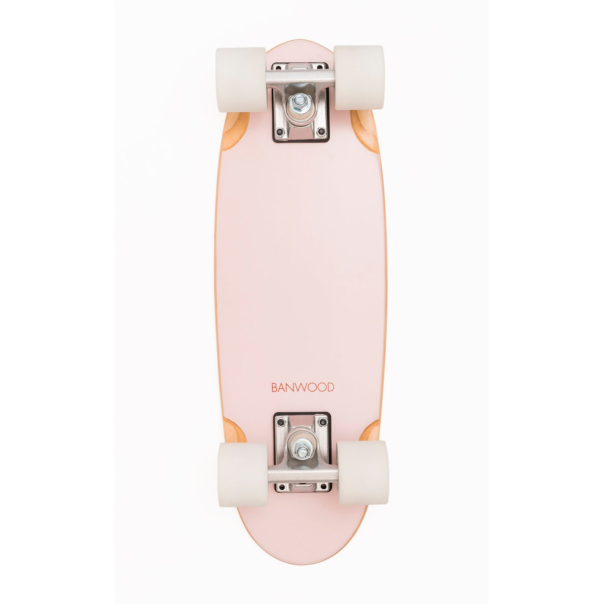 A vintage-inspired cruiser skateboard featuring a pastel pink deck, soft wheels, and a durable maple wood finish, perfect for young beginners.