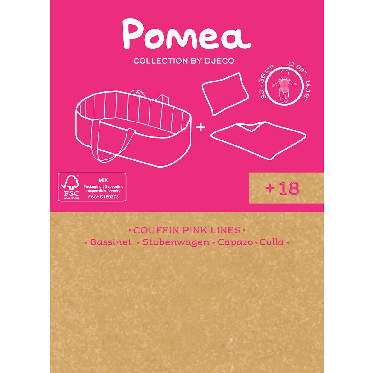 Djeco Pomea Collection Pink Lines Bassinet for dolls with pillow and blanket, suitable for ages 18 months plus.