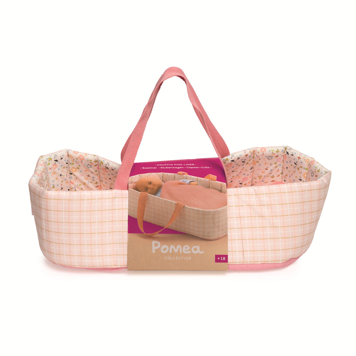 Djeco Pomea Collection Pink Lines Doll Bassinet with handles and floral quilted interior for ages 18m+.