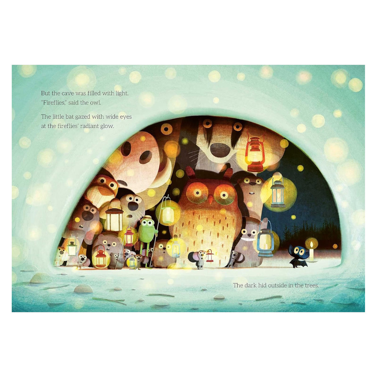 Illustrated book page showing a glowing cave filled with animals holding lanterns and fireflies.