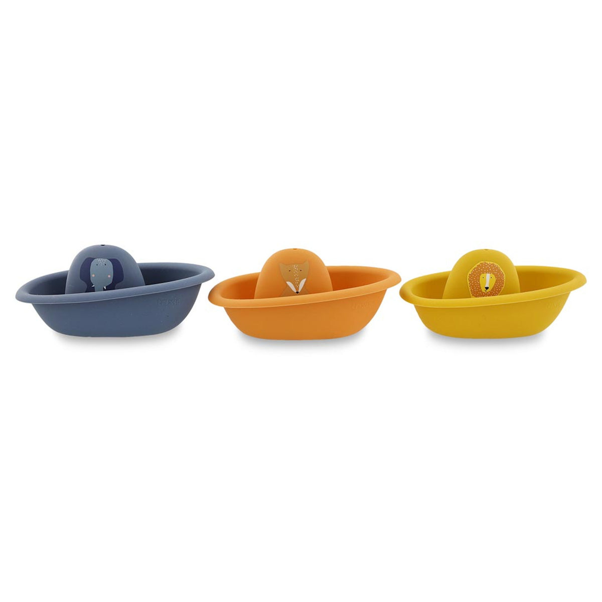 Three colorful plastic toy boats lined up, featuring an elephant, a fox, and a lion on the cabins.