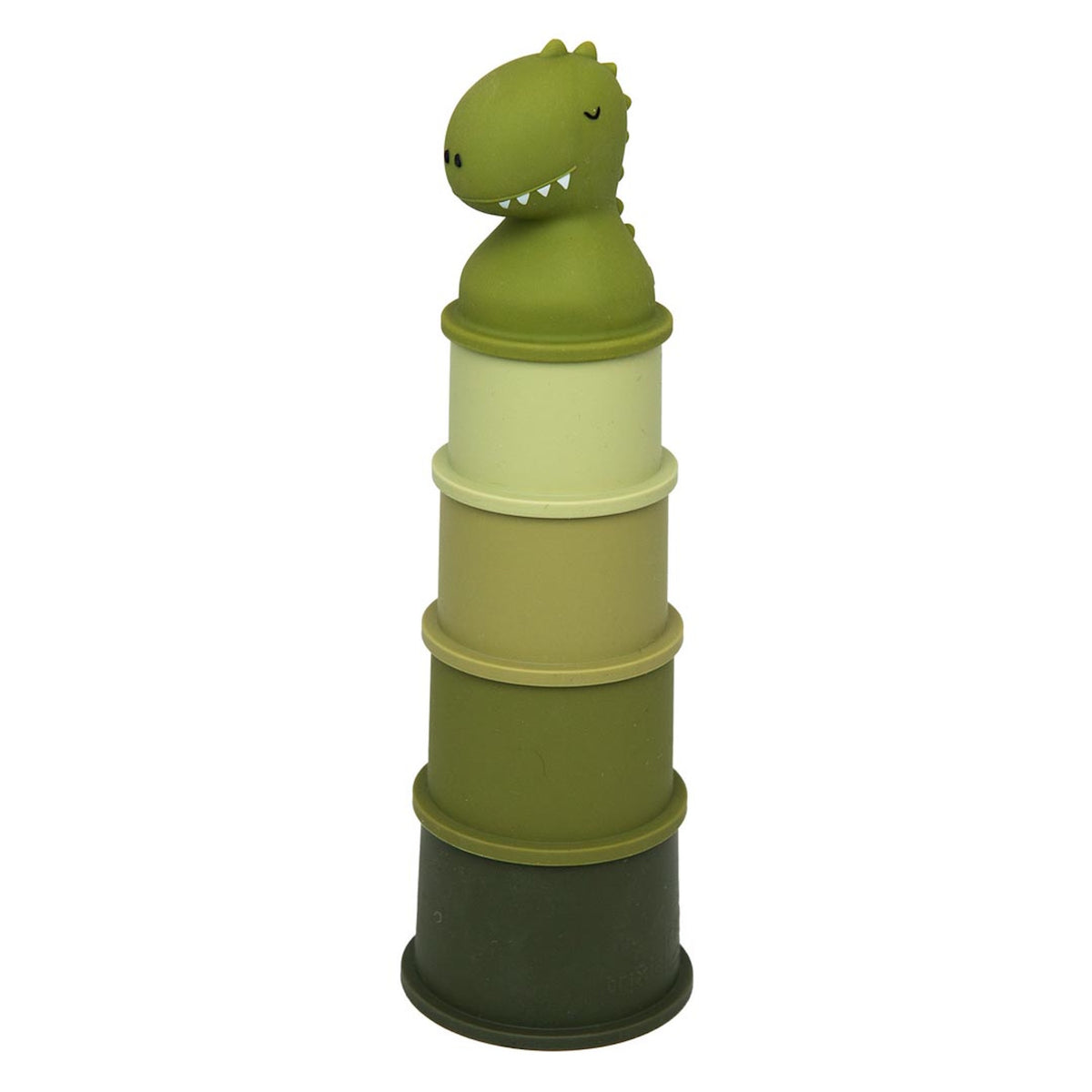 Green dinosaur bath toy stacking cups for toddlers in graduated shades of olive and sage.