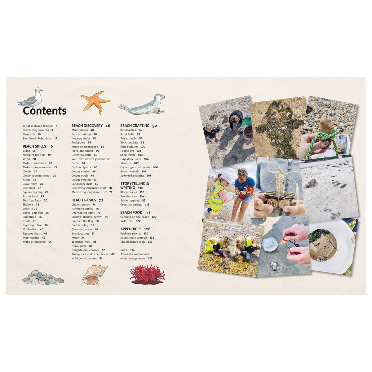 Book table of contents page featuring beach activities text alongside photo collage of kids exploring outdoors.