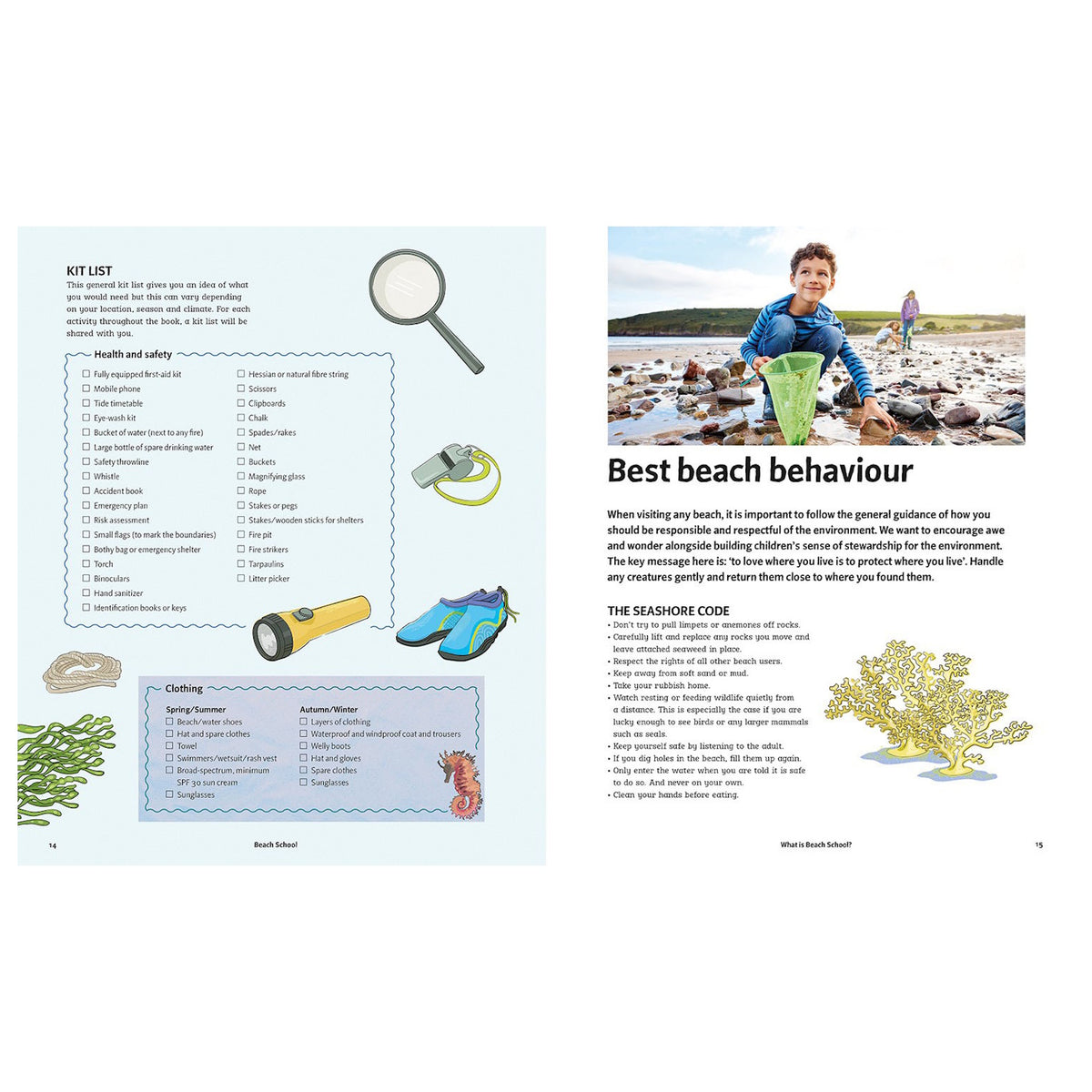 Book spread featuring a kit list with supply illustrations and a section titled "Best beach behaviour."