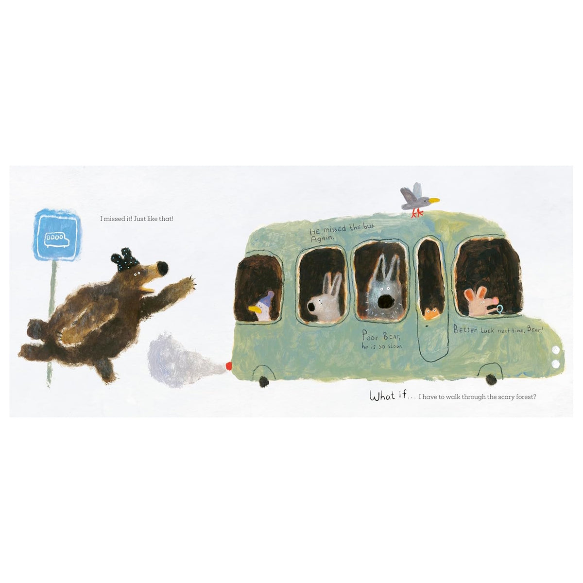 Children's book illustration of a brown bear chasing after a green bus full of animal passengers.
