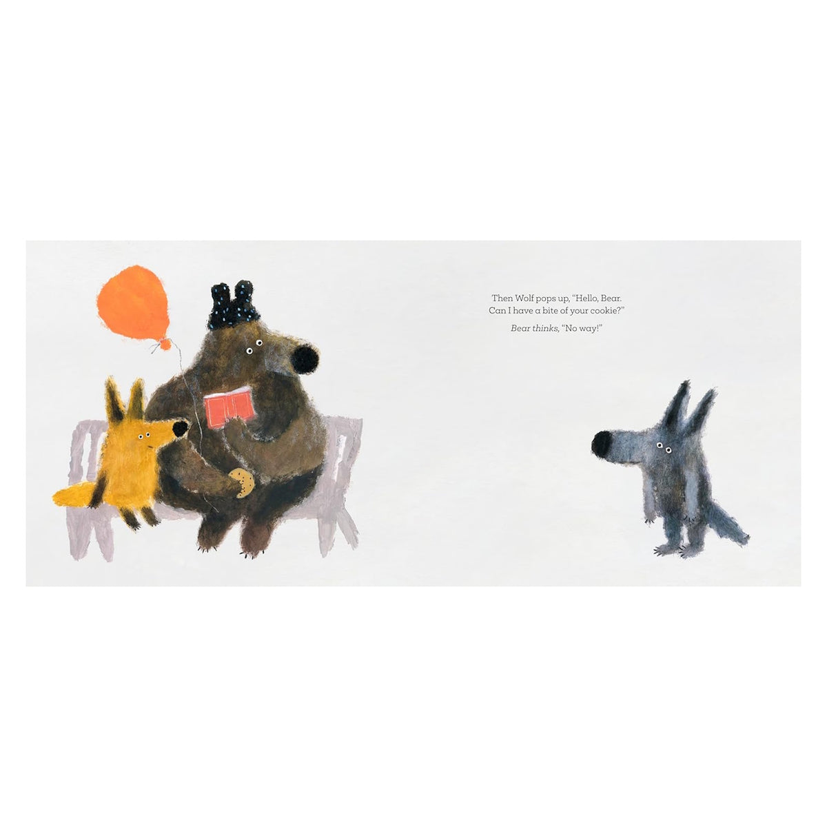Illustration of a bear with a cookie, a fox with a balloon, and a wolf from a children's book.