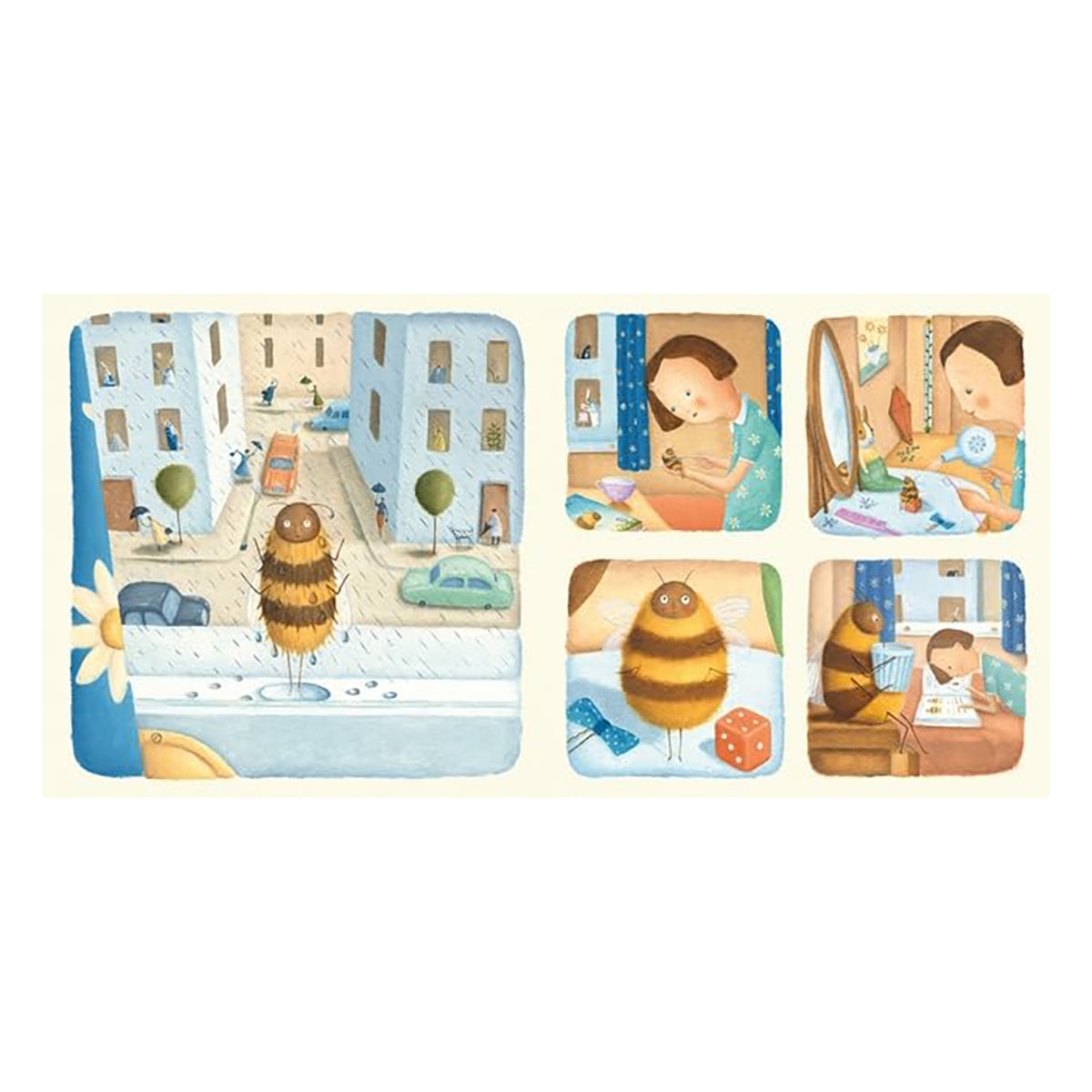 Whimsical children's book illustrations showing a large bee in a rainy city and interacting with a girl indoors.