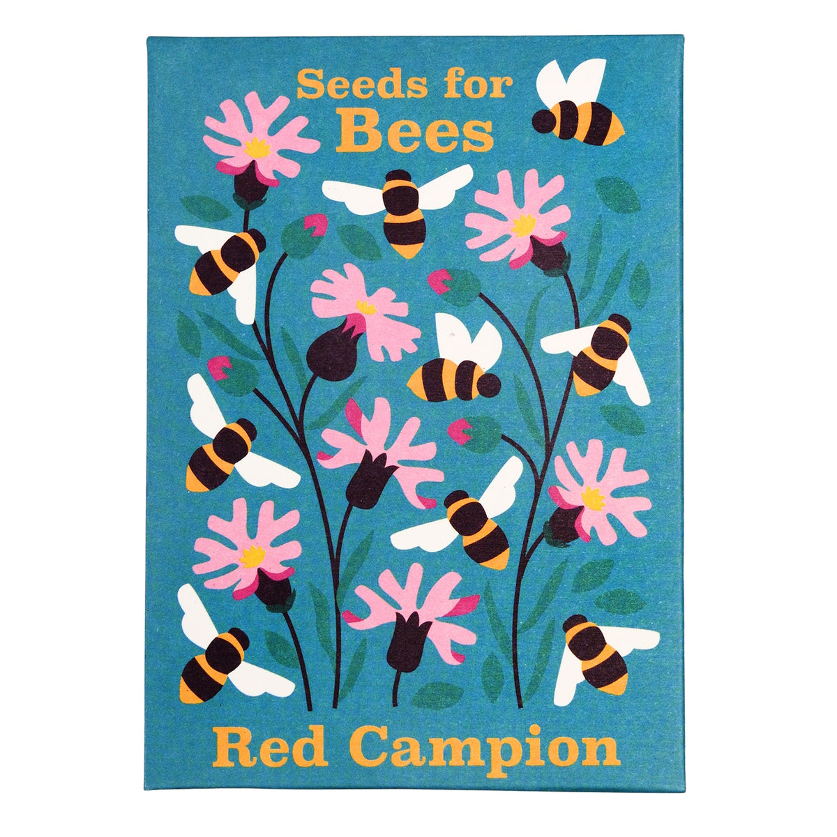 Seed packet illustration for Red Campion flowers featuring pink blossoms and bumblebees on a teal background.