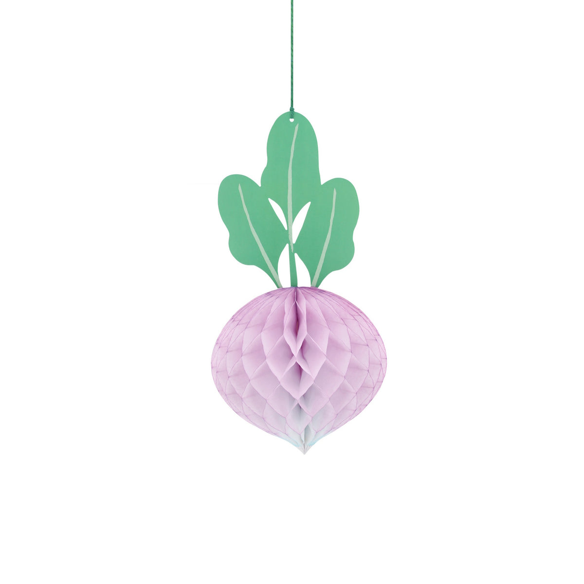 Hanging purple honeycomb paper beet decoration with green leaves, ideal for garden party or vegetable-themed events.