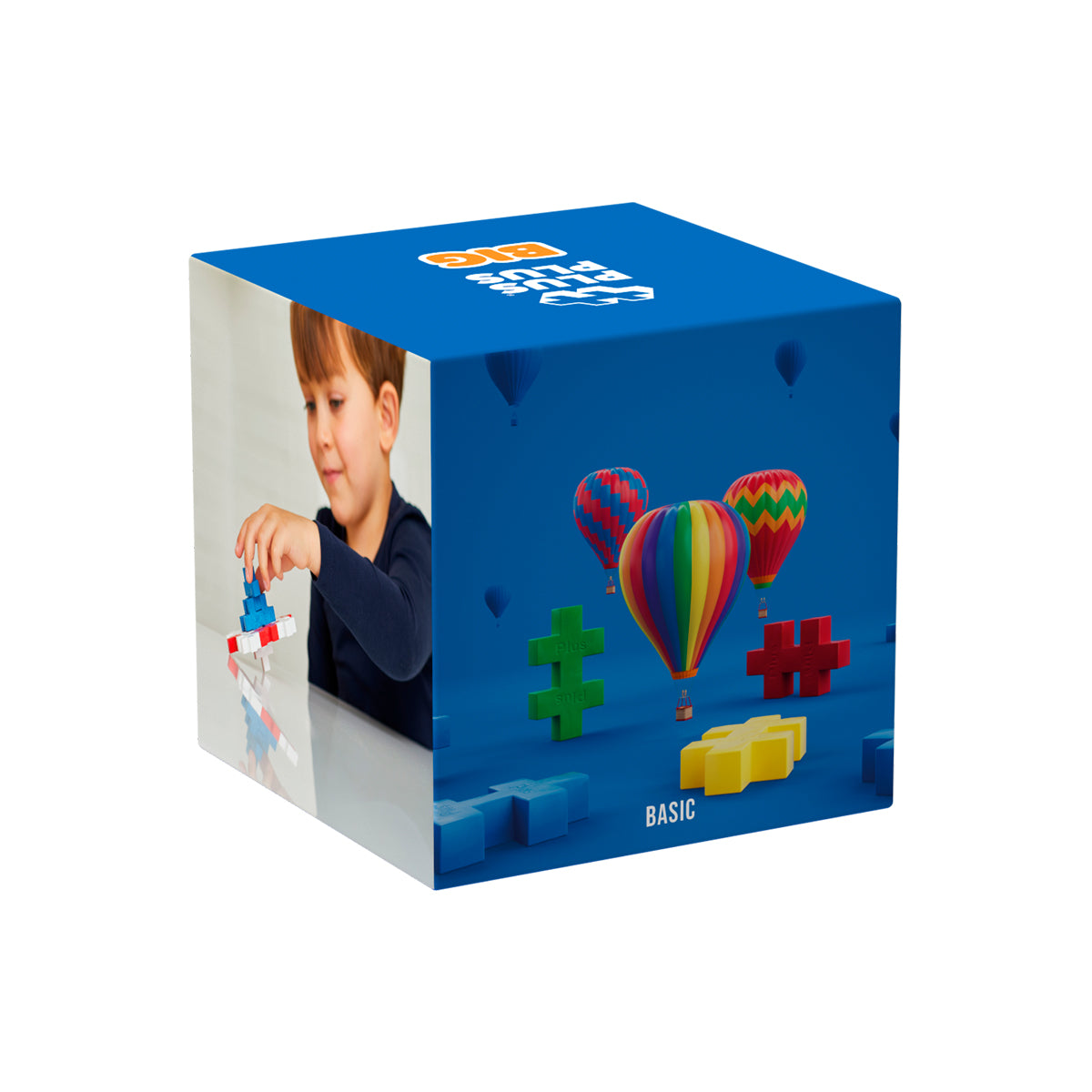 A blue box displaying product details and an image of a child playing with the Plus-Plus BIG pieces.