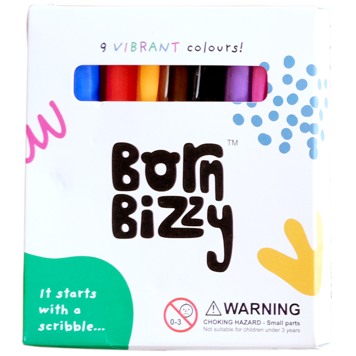 Front of a Born Bizzy marker box with a window showing 9 vibrant colors and a choking hazard warning for under 3.