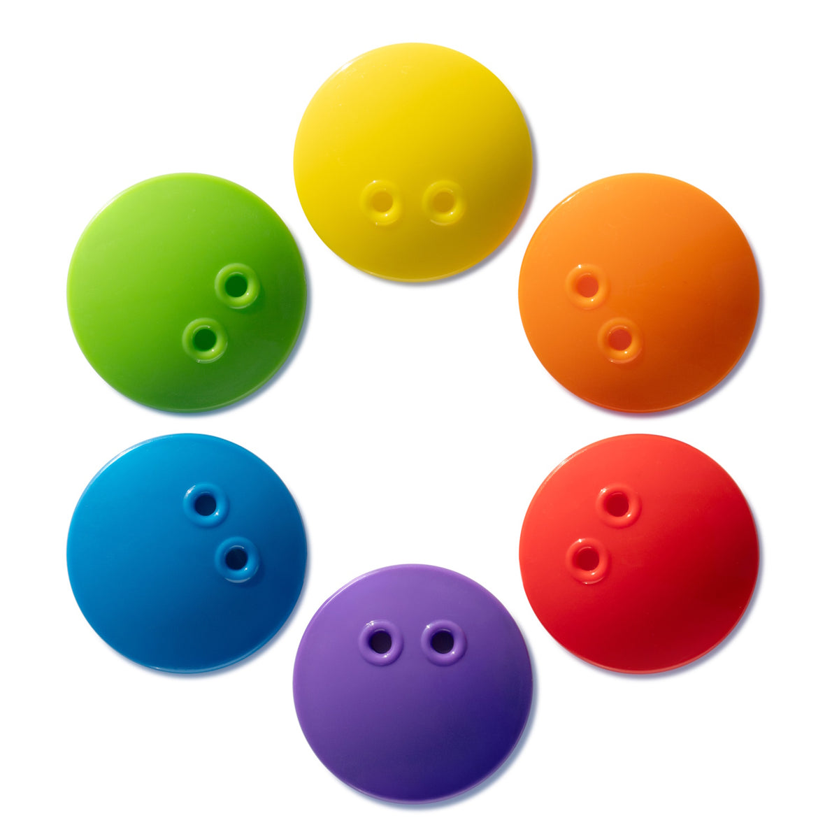 A colorful arrangement of six bowling-ball-shaped tokens, including yellow, orange, red, purple, blue, and green.