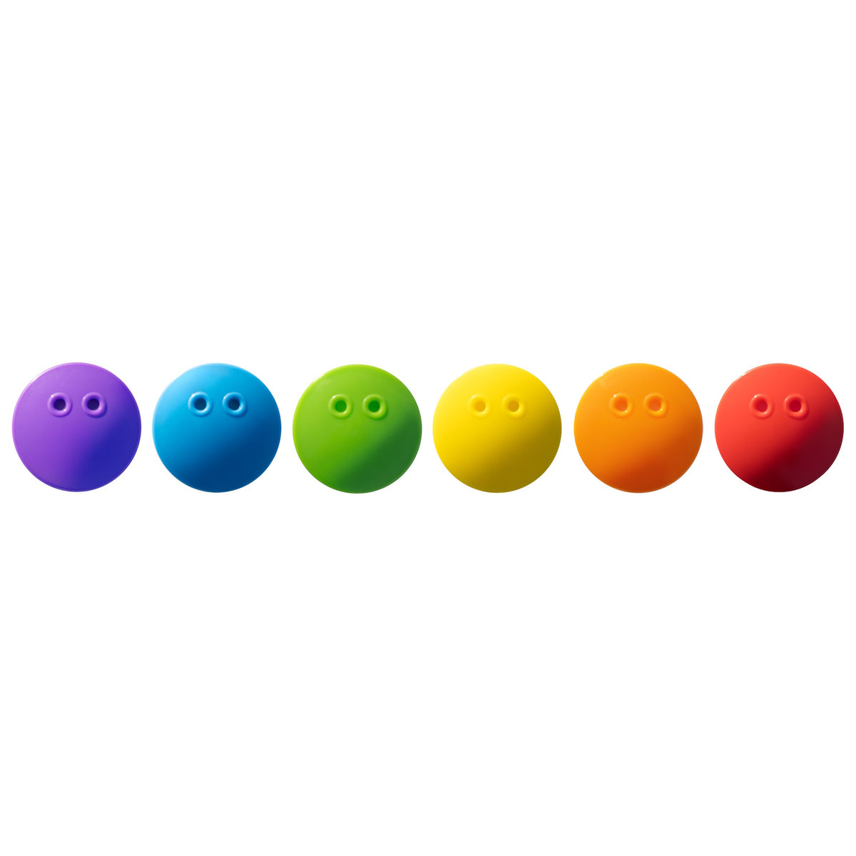 Six Bilibo Game Shell toys in rainbow colors: purple, blue, green, yellow, orange, and red, arranged in a horizontal row.