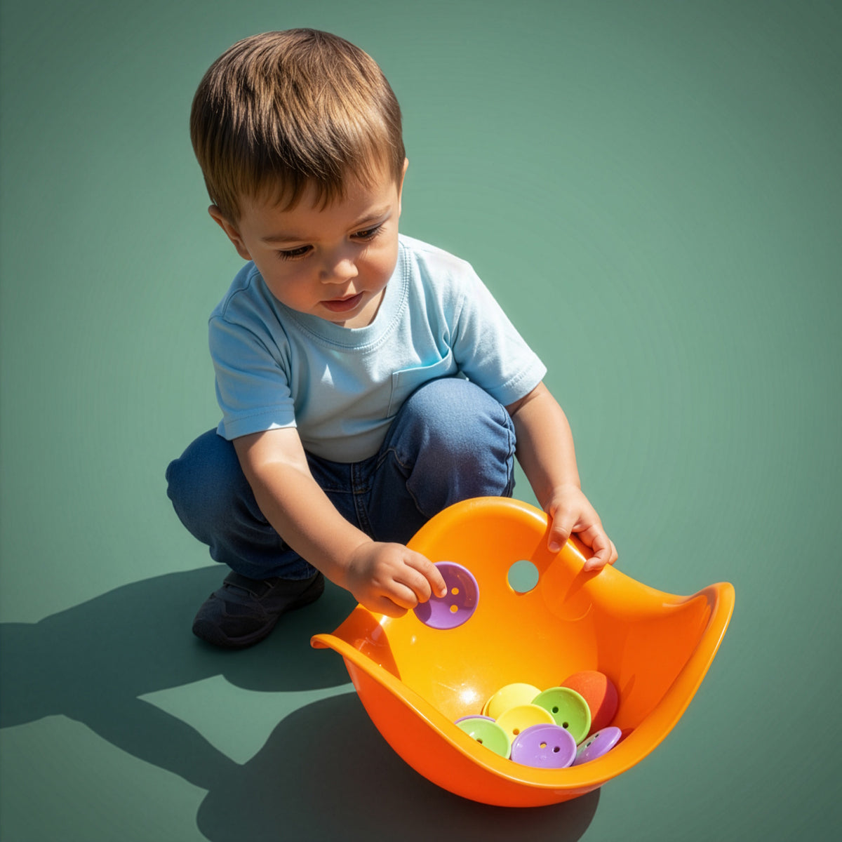 Toddler playing with colorful Bilibo Mini Dots and an orange Bilibo toy, developing fine motor skills through open-ended play.