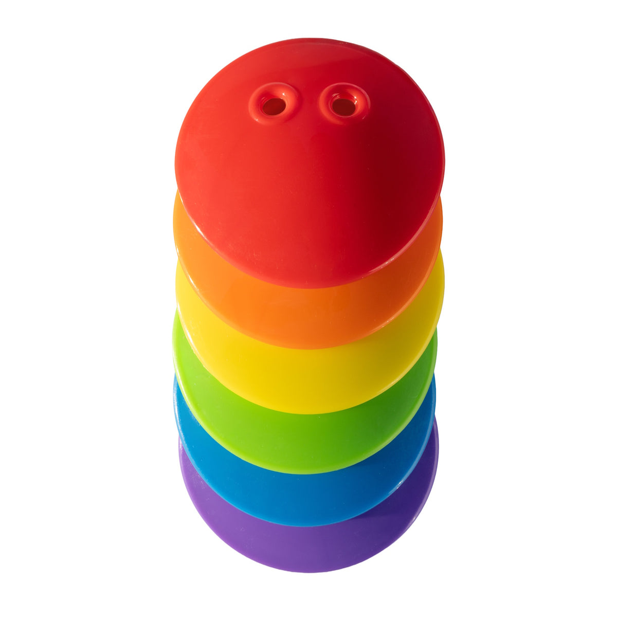 Stack of rainbow-colored Bilibo Game Shells in red, orange, yellow, green, blue, and purple on a white background.