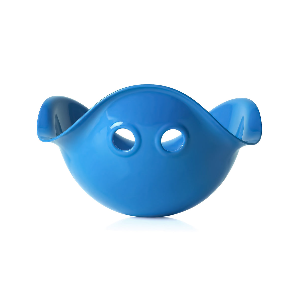 Bright blue Bilibo shell-shaped open-ended toy for kids, featuring a curved ergonomic design and two circular eye-like holes.