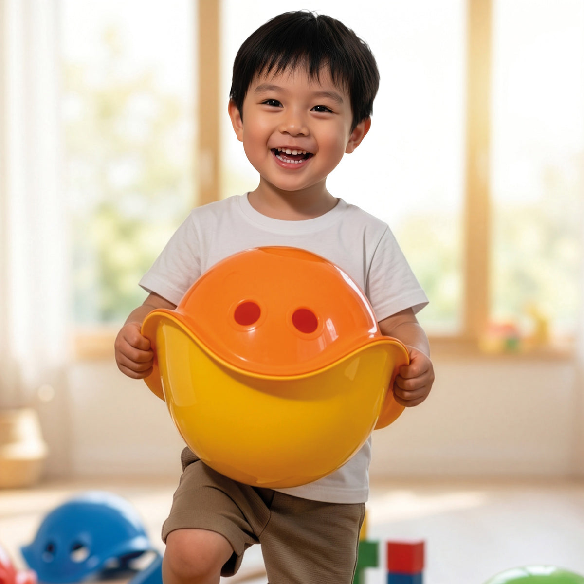 Smiling young boy holding an orange and yellow Bilibo toy, designed to look like a face, in a bright playroom.