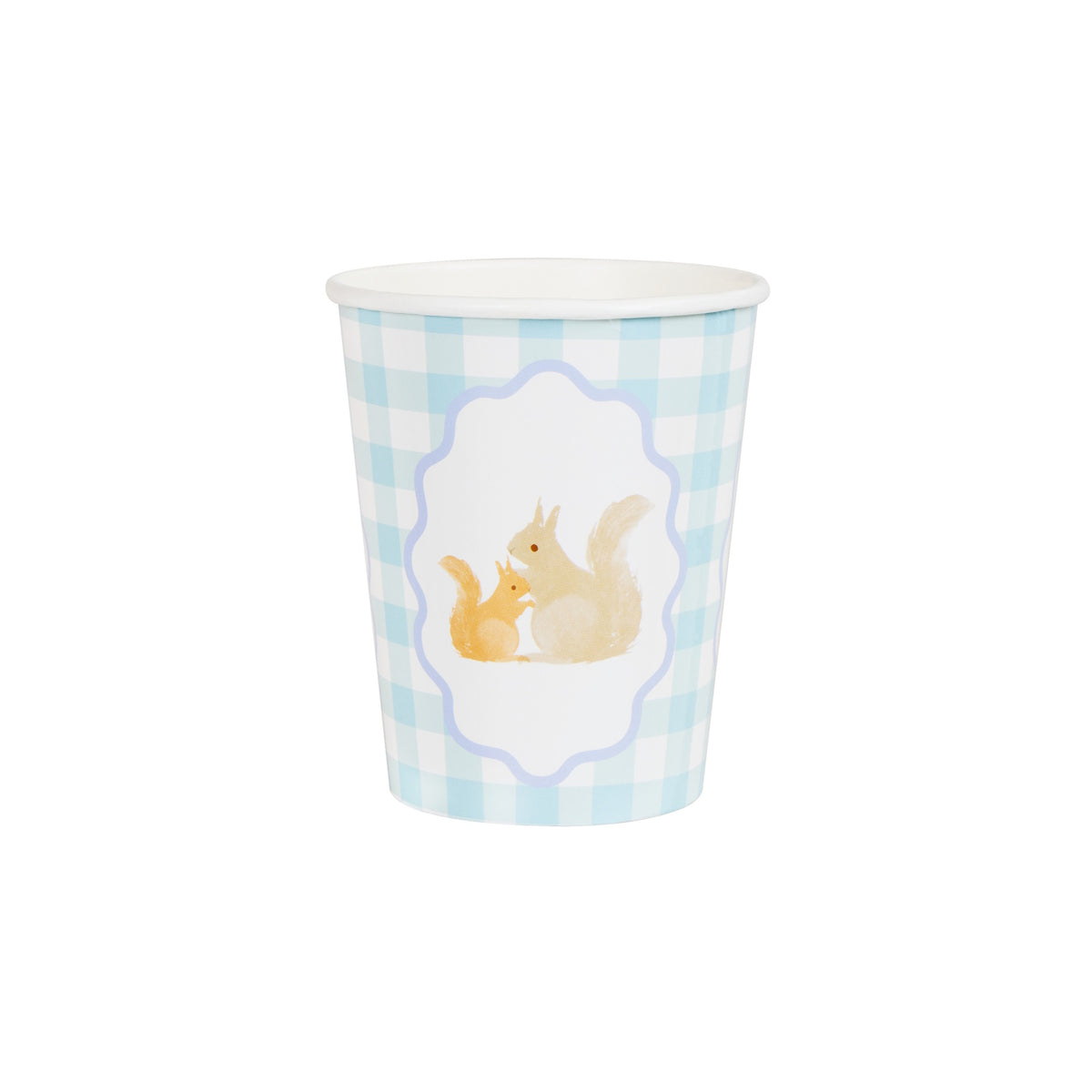 A light blue gingham paper cup featuring a central frame with two illustrated squirrels.
