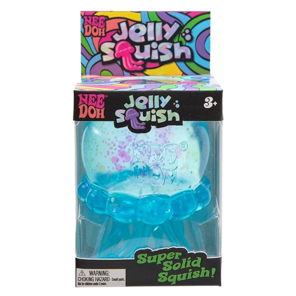 Blue NeeDoh Jelly Squish jellyfish sensory toy in clear packaging with colorful, psychedelic branding and glitter.